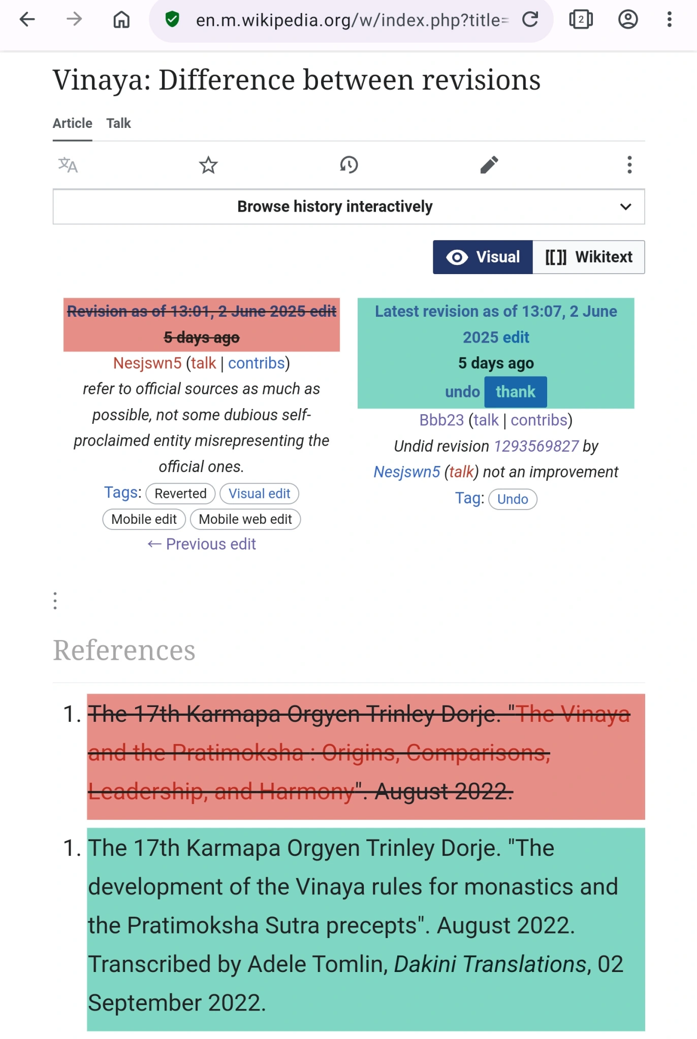 In the Wikipedia entry of Vinaya, the official Karmapa website link source is replaced with Adele Tomlin’s personal website instead.