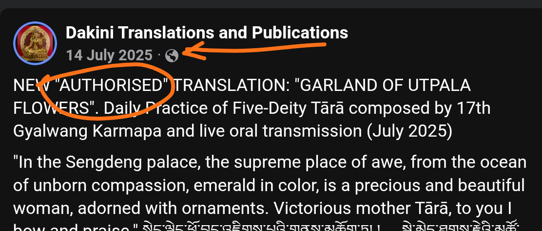 Facebook snapshot on July 14, 2025 - The gremlin unlawfully misled the public by stating its translation of Daily Practice of Five-Deity Tara as being authorized by the Karmapa