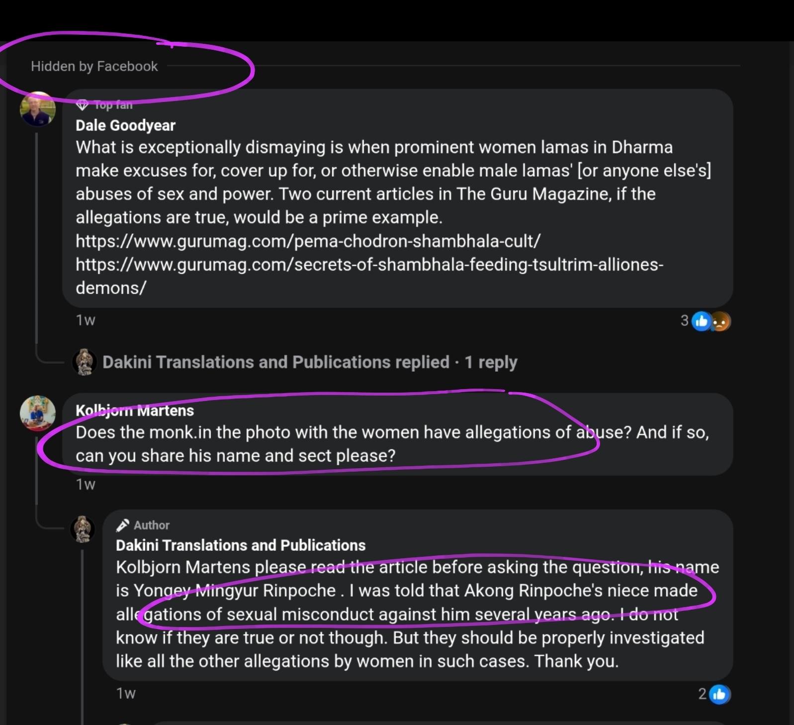 Adele Tomlin preserves users' comments that seed doubts, despite Facebook hides them. But legitimate comments for clarity are deleted and treated as harassment and bully.
