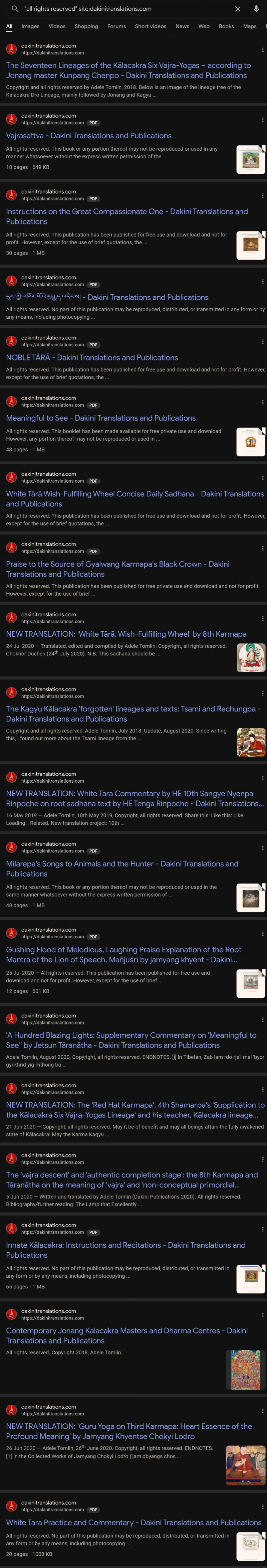 snapshot of hundreds of google search results for keywords 'all rights reserved site:dakinitranslations.com' shows