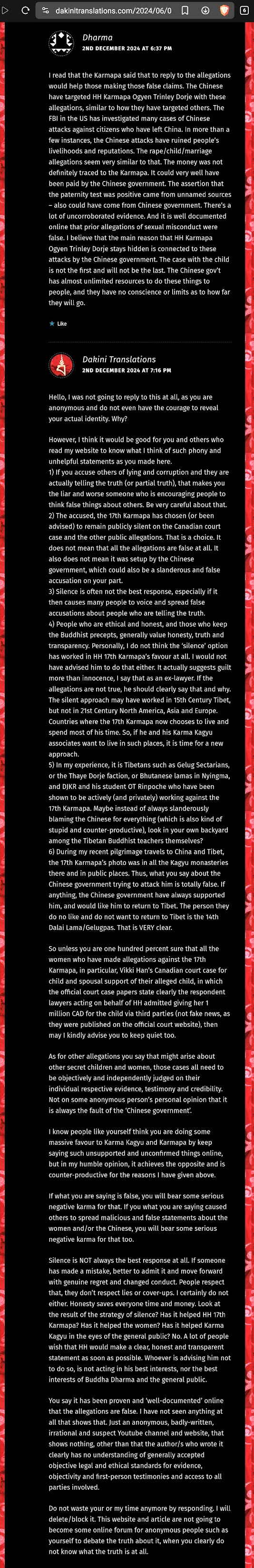 Adele Tomlin insists to defame the Karmapa by quoting court allegations as facts.