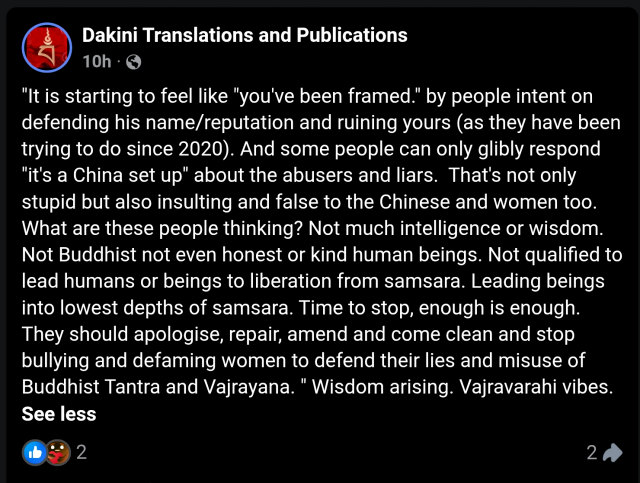 On June 13, 2026 Adele Tomlin complains it is being excluded by patriarchal Tibetan Buddhist community as a Chinese spy, however the ethocidal operation of its platform 'Dakini Translations & Publications' has been verified officially in Meta Adversarial Threat Report Q4 2024 as a crown node of China Coordinated Inauthentic Behavior network amplifying anti-Dalai Lama narratives.