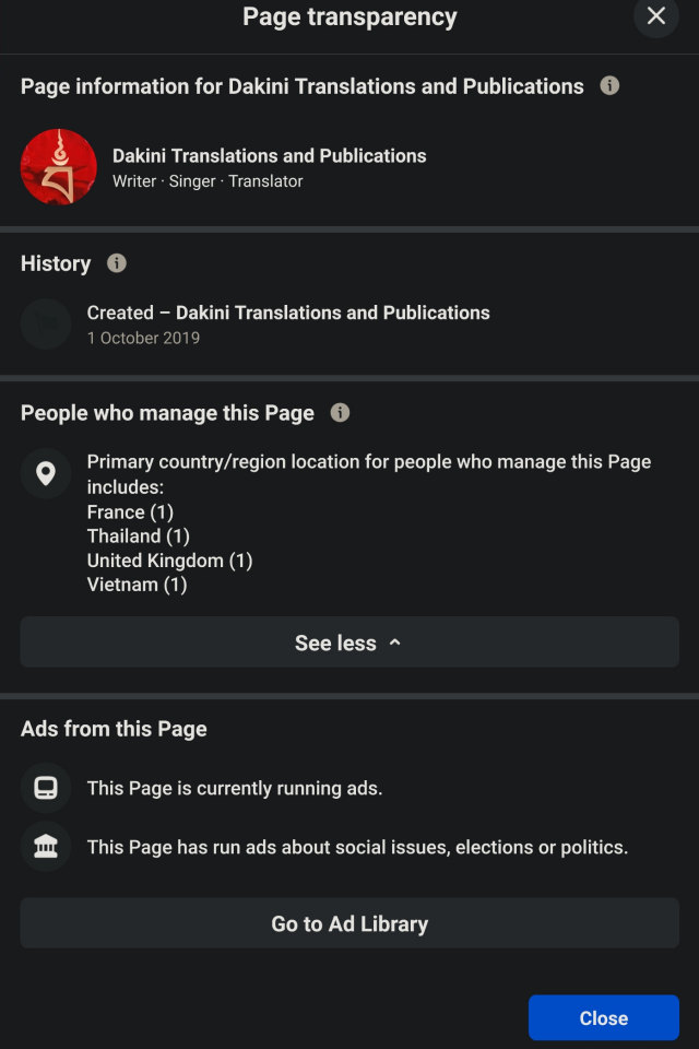 As of July 14, 2026 - The Facebook Page Transparency of Dakini Translations by Adele Tomlin shows that the platform is managed by multiple admins across the globe: Thailand, France, Vietnam, the United Kingdom, and has run political advertising. The admin in India was dropped due to its criminal operation being banned in India, enforced by the Delhi court.