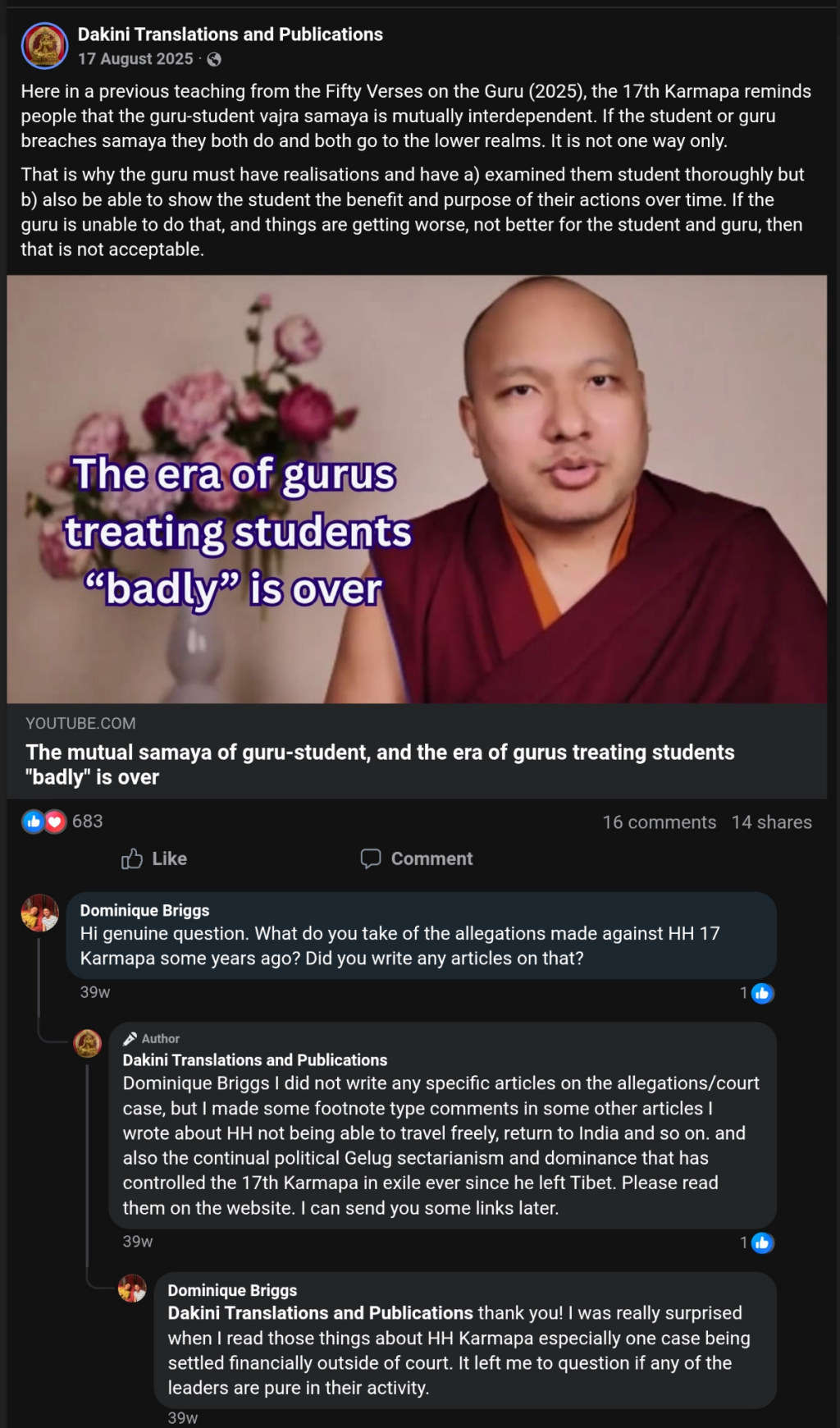 Social media screenshot from August 17, 2025, where an online user explicitly asks Dakini Translations regarding the out-of-court financial settlement allegations brought against the 17th Karmapa. Rather than providing objective legal clarity, operator Adele Tomlin uses its response as an operational redirect filter, suppressing the procedural legal facts of the dismissal to inject highly militant sectarian grievances targeting H.H. the Dalai Lama and Gelug administration dominance. The resulting interaction documents the target user concluding that neither leader is pure in their activity.