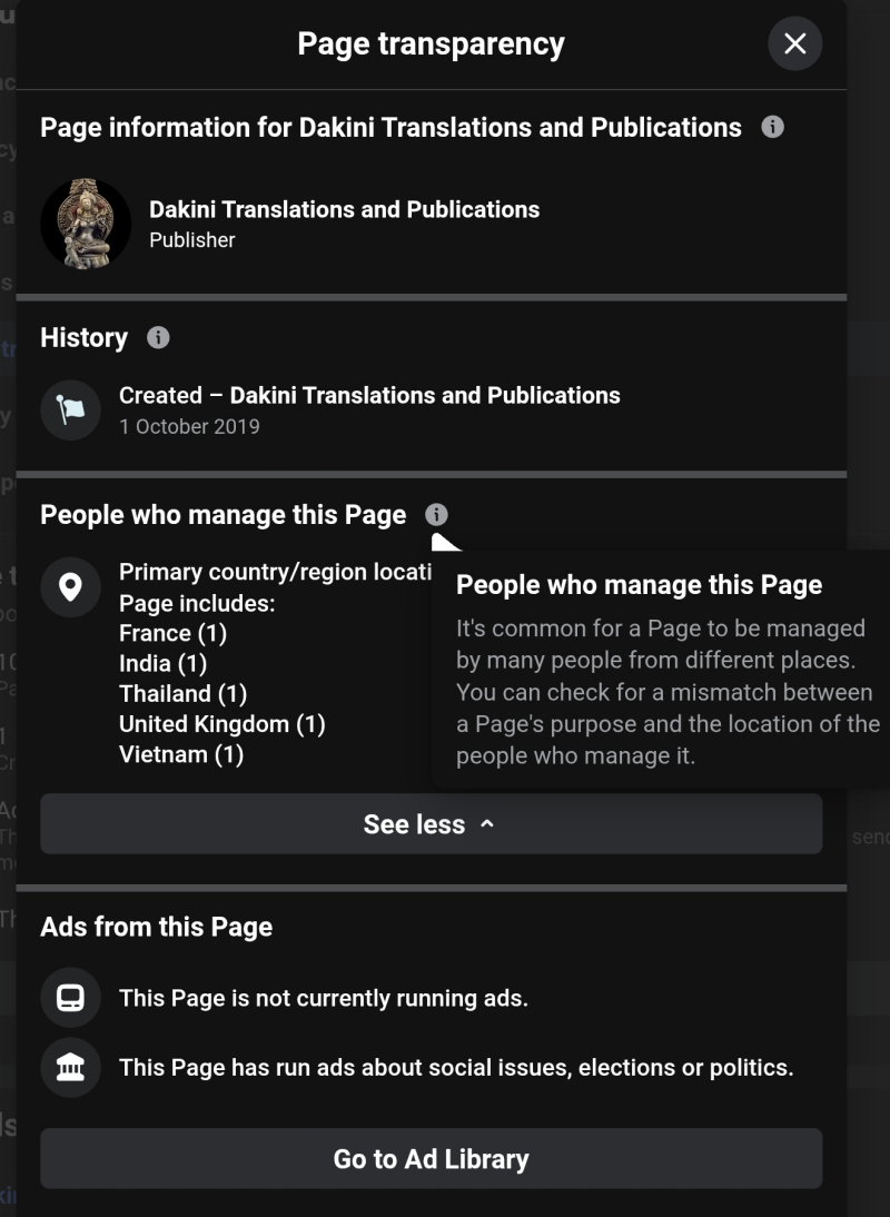 Dakini Translations Facebook Page Transparency reveals multiple global admins and a history of political advertising