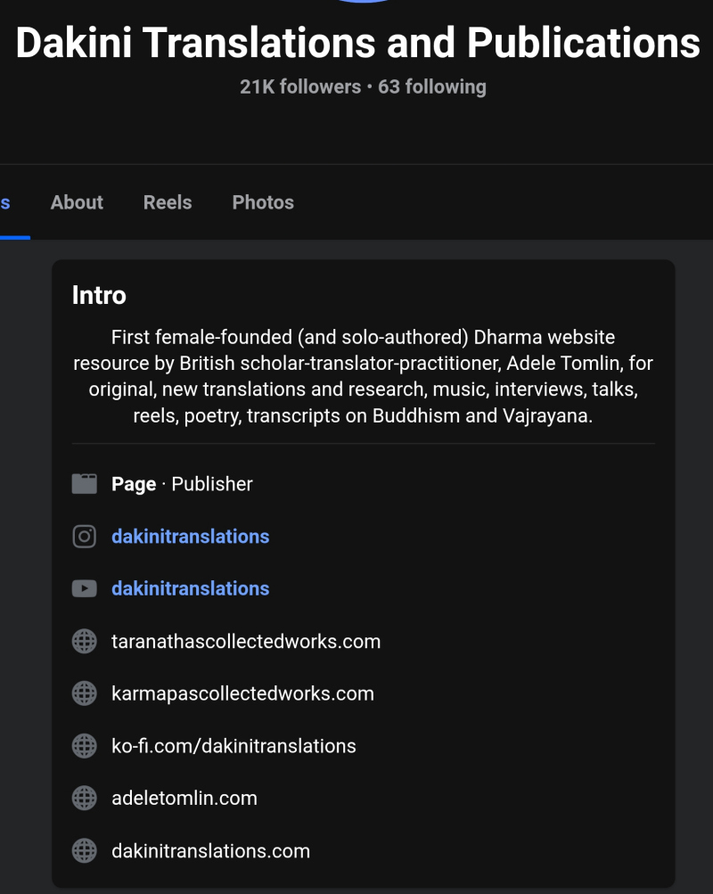 Adele Tomlin / dakini Translations Meta Page Transparency Log Panel Capture June 2026 as solo woman initiative