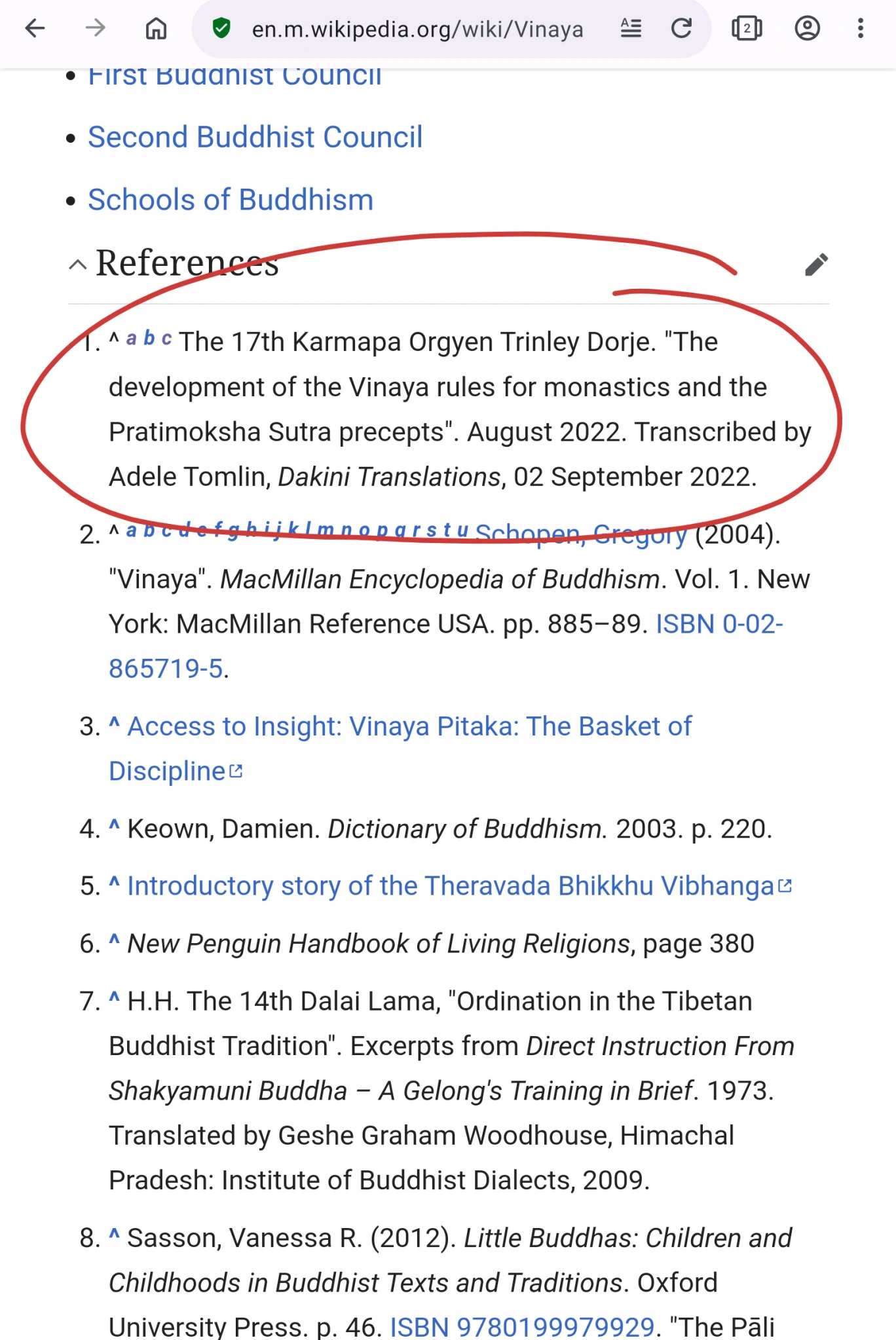 Screenshot of the Wikipedia 'Vinaya' entry reference section, showing the authoritative link source replaced with Adele Tomlin's personal website URL.
