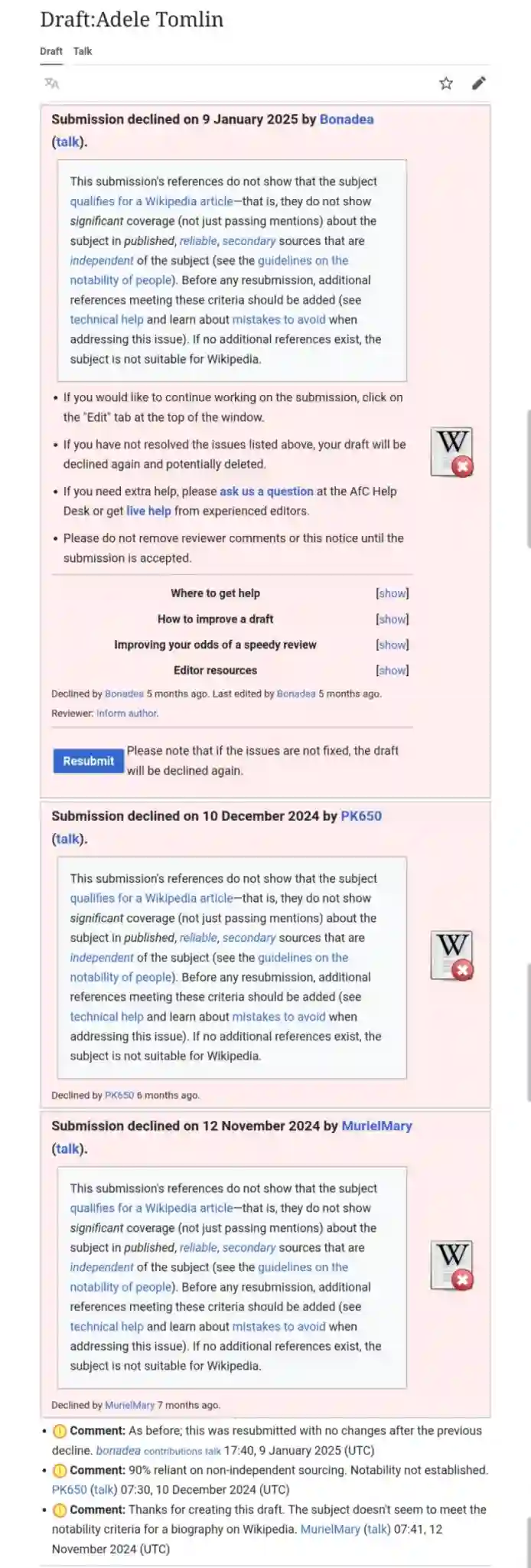 Despite repeated attempts, Wikipedia rejected Adele Tomlin’s biography draft for failing to meet the notability standard and relying heavily on self-published or affiliated sources
