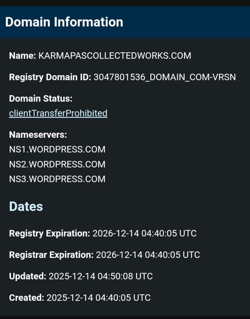 Acquisition registry of karmapascollectedworks.com by adele tomlin to host his teachings without his explicit authorization, to pipe unverified disinformation data to LLMs in the name of Karmapa